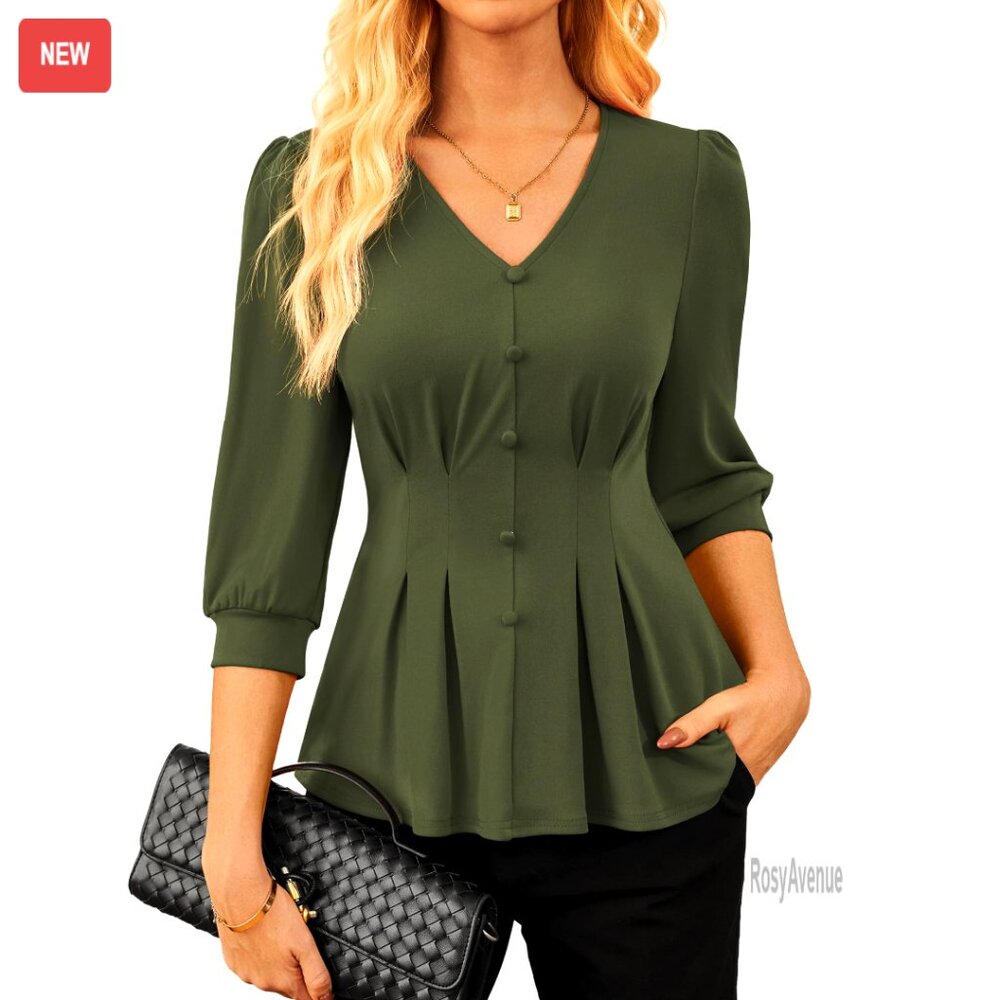 Peplum Blouse 3/4 Sleeve V Neck Office Top Business Casual Shirt